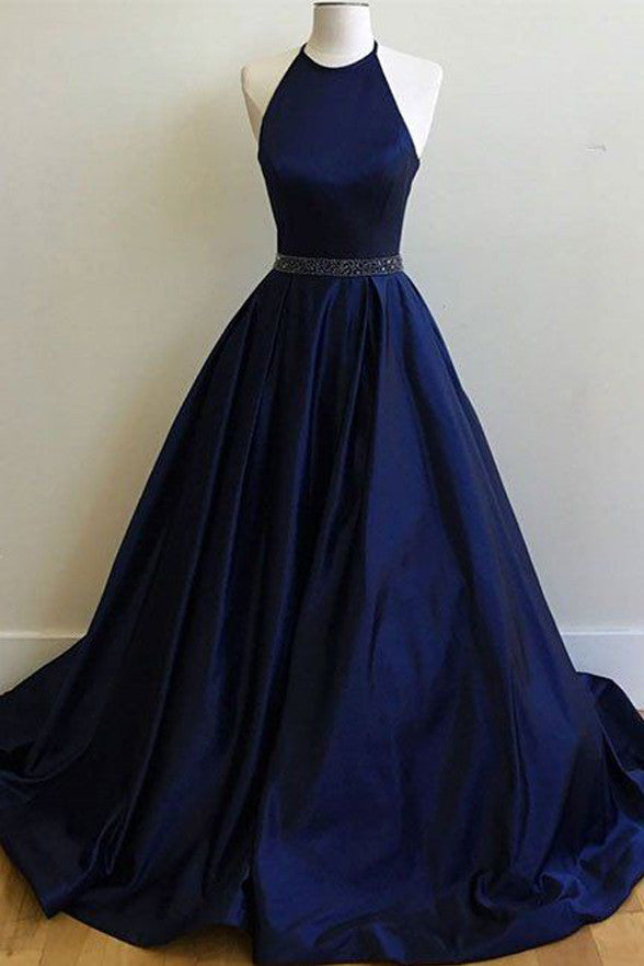 Beaded Dark Blue Halter Long Evening Gowns Party Dress Prom Dresses