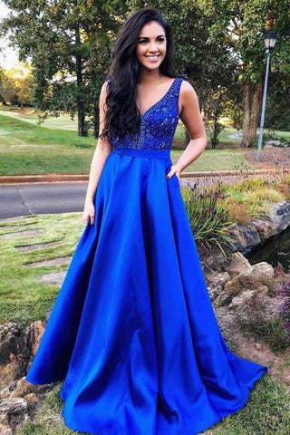 Charming A Line Royal Blue Satin Beaded Long Prom Dresses Formal Evening Grad Dress