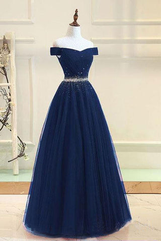 Fashion Navy Blue Tulle Off the Shoulder Beaded Long Prom Dresses Formal Evening Grad Dress