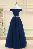 Fashion Navy Blue Tulle Off the Shoulder Beaded Long Prom Dresses Formal Evening Grad Dress