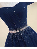 Fashion Navy Blue Tulle Off the Shoulder Beaded Long Prom Dresses Formal Evening Grad Dress