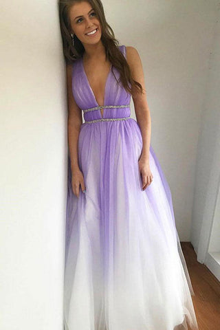 Light Purple Ombre Open Back Deep V Neck Prom Dress Formal Evening Grad Dresses