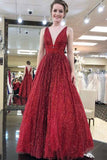 Burgundy Sequin Deep V Neck Backless Long Prom Dresses Formal Evening Gown Dress