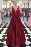 Burgundy Sequin Deep V Neck Backless Long Prom Dresses Formal Evening Gown Dress