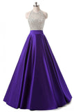 High Quality Beaded Purple Satin Long Evening Gowns Prom Dresses