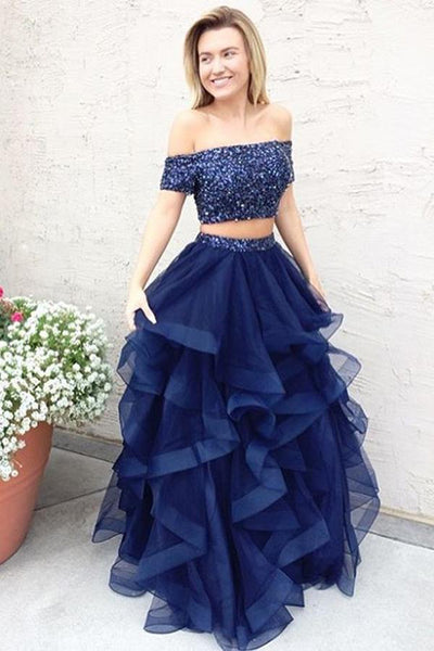 2 Piece Navy Blue Beaded Tiered High Low Prom Dresses Formal