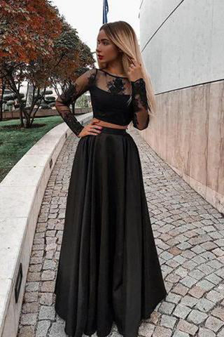 Chic Two Piece Black Lace Satin Long Sleeves Cheap Prom Dresses Formal Evening Grad Dress