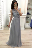 New 2019 A Line Lace Grey-Blue Chffon Cheap Long Prom Dresses Formal Evening Grad Dress