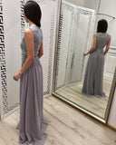 New 2019 A Line Lace Grey-Blue Chffon Cheap Long Prom Dresses Formal Evening Grad Dress