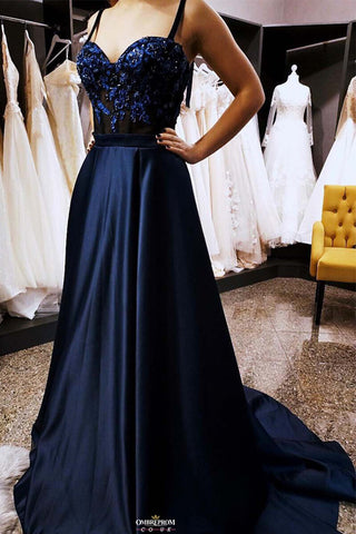 Navy Blue Satin Appliques A Line Straps Black Prom Dresses Formal Evening Grad Dress