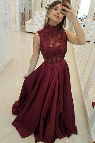 Fashion Burgundy Lace High Neck Long See Through Prom Dresses Formal Evening Grad Dress