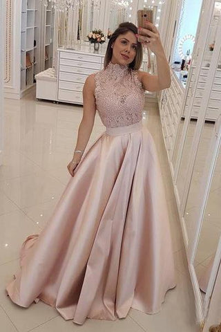 Fashion High Neck Lace Pink See Through Long Prom Dresses Formal Evening Grad Dress