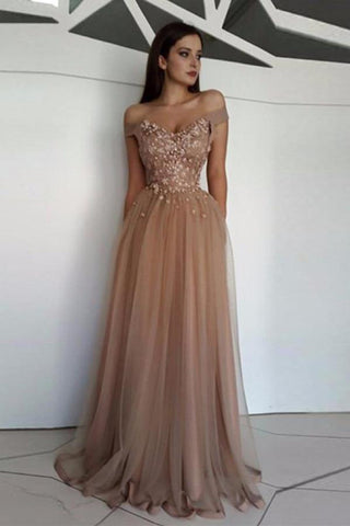 Charming A Line Lace Tulle Appliques Off the Shoulder Prom Dresses Formal Evening Dress