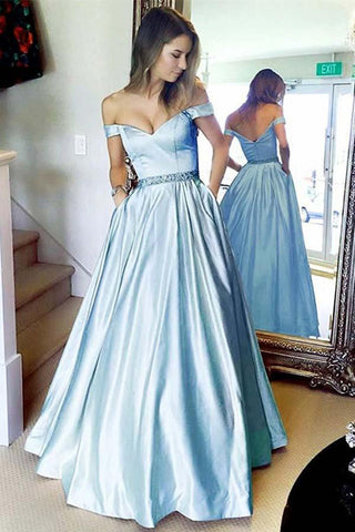A Line Off the Shoulder Light Blue Long Prom Dresses