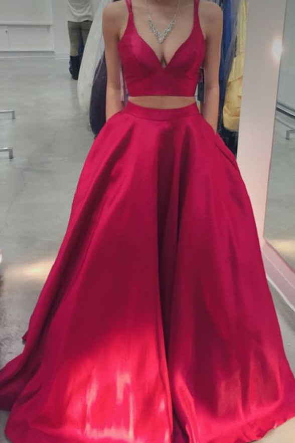 Red 2 Piece V Neck Off Shoulder Evening Ball Gown With Pocket Prom Dresses