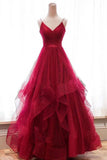 Fashion V Neck High Low Red Tulle Tiered Prom Dresses Formal Evening Grad Gown Dress
