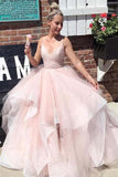 Fashion V Neck High Low Red Tulle Tiered Prom Dresses Formal Evening Grad Gown Dress