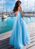 Chic A Line Strapless Sky Blue Empire Waist Long Prom Dresses Formal Evening Grad Dress
