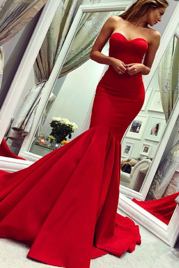 Elegant Strapless Red Satin Mermaid Long Sexy Prom Dresses Formal Evening Grad Dress LD2074