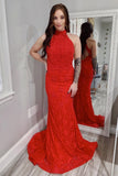 Open Back High Neck Red Lace Mermaid Long Prom Dresses Formal Evening Grad Dress