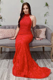 Open Back High Neck Red Lace Mermaid Long Prom Dresses Formal Evening Grad Dress