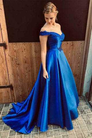 Charming Royal Blue Satin Off Shoulder Appliques Long Prom Dresses Formal Evening Grad Dress