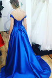 Charming Royal Blue Satin Off Shoulder Appliques Long Prom Dresses Formal Evening Grad Dress