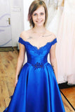 Charming Royal Blue Satin Off Shoulder Appliques Long Prom Dresses Formal Evening Grad Dress