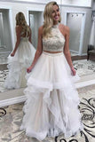 Two Piece High Neck Open Back White High Low Beaded Prom Dresses Formal Evening Gown Dress