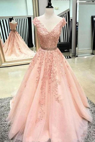 A Line Cap Sleeves V Neck Flesh Pink Lace Prom Dresses