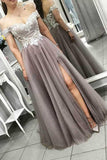 New Arrival Off the Shoulder White Lace Slit Long Prom Dresses Formal Evening Grad Dress