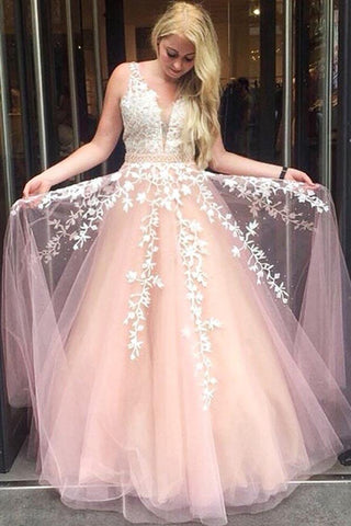 Fashion V Neck Pink Tulle White Lace Beaded Prom Dresses Formal Evening Grad Gown Dress
