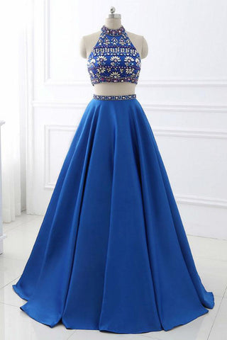 Two Piece High Neck Royal Blue Backless Crystal Long Prom Dresses Formal Evening Grad Dress