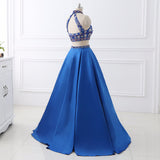 Two Piece High Neck Royal Blue Backless Crystal Long Prom Dresses Formal Evening Grad Dress