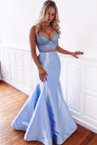 Two Piece Light Blue Satin Beaded Mermaid Straps Prom Dresses Formal Evening Grad Dress