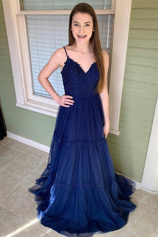 Spaghetti Straps A Line Dark Blue V Neck Appliques Prom Dresses Formal Evening Dress