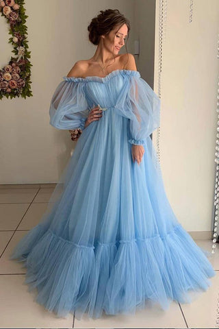 Light Blue Long Sleeves Off Shoulder Prom Dresses