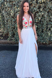 New Arrival White Deep V Neck Backless Embroidery Prom Dresses Formal Evening Grad Dress