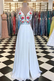 New Arrival White Deep V Neck Backless Embroidery Prom Dresses Formal Evening Grad Dress