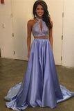 2 Piece Halter Lavender Beaded Long Prom Dresses Formal Evening Dress