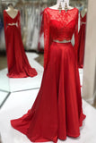 Red Lace Long Sleeves 2 Piece Back V Long Party Gowns Prom Dresses