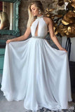 New Design Halter Beaded A Line Long Sexy White Prom Dresses Formal Evening Grad Dress