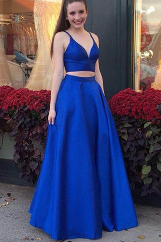 Two Piece Royal Blue Spaghetti Straps Cheap Long Prom Dresses Formal Evening Gown Dress