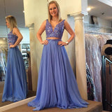 Two Piece V Neck Beaded Blue Slit A Line Long Prom Dresses Formal Evening Grad Dress
