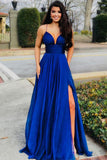 Elegant Royal Blue Spaghetti Straps Split Long Cheap Prom Dresses Formal Evening Grad Dress