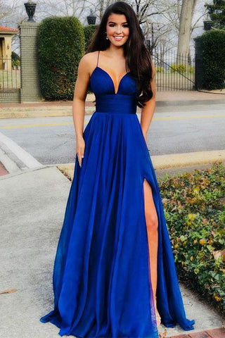 Elegant Royal Blue Spaghetti Straps Split Long Cheap Prom Dresses Formal Evening Grad Dress