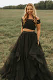 Two Piece Black High Low Tiered Skirt Off the Shoulder Prom Dresses Formal Evening Grad Dress