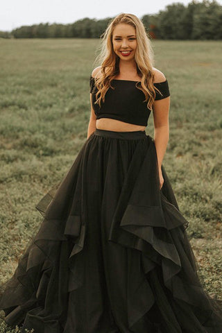 Two Piece Black High Low Tiered Skirt Off the Shoulder Prom Dresses Formal Evening Grad Dress