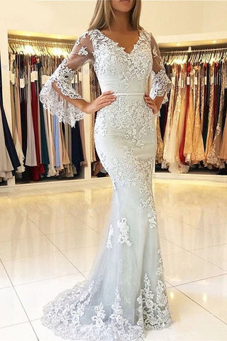 Mermaid Trumpet Sleeves Lace Long Prom Dresses Formal Evening Grad Dress