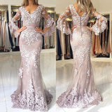 Mermaid Trumpet Sleeves Lace Long Prom Dresses Formal Evening Grad Dress